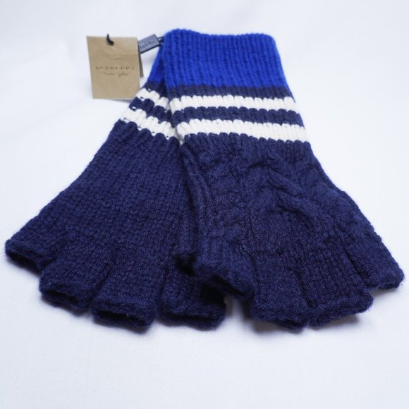 NWT Burberry Chunky Cable & Stripe Cashmere Glove Navy White - Picture 1 of 5